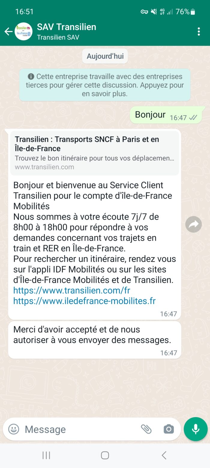 Capture d'écran d'une conversation WhatsApp avec le Service Clients Transilien