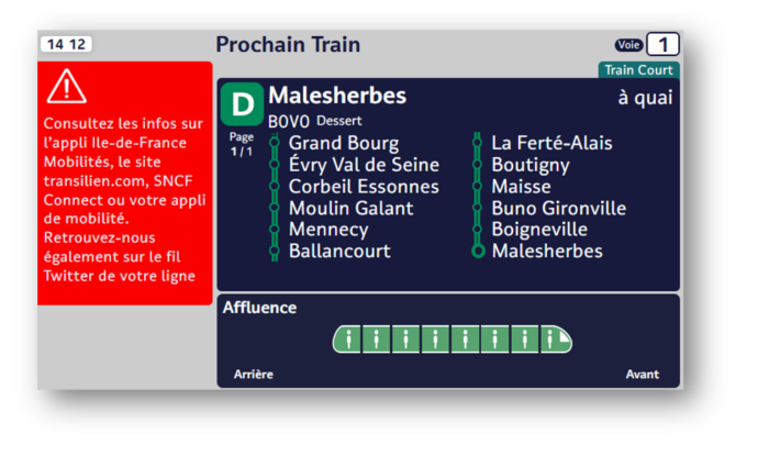Affluence à bord affichée sur un écran en gare de Ris Orangis.