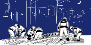 Illustration présentant une équipe réalisant des travaux sur la voie ferrée.