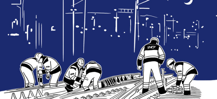 Illustration présentant une équipe réalisant des travaux sur la voie ferrée.
