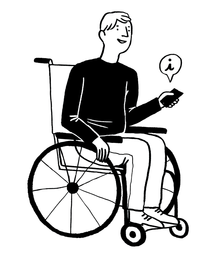 Illustration dessin d'une personne à mobilité réduite sur un fauteuil roulant. L'homme tient un mobile dans sa main gauche.
