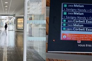 2 images dans le thème aménagement des gares : 1 vue de la gare du Mée, 1 vue d'un écran en gare de Créteil Pompadour.