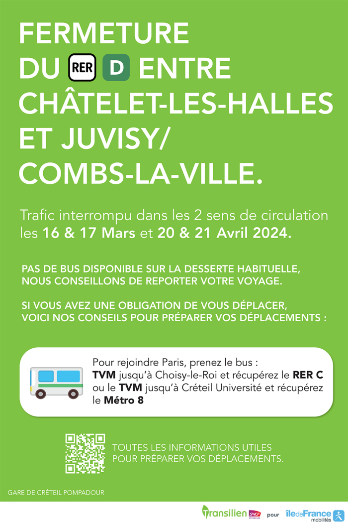 Au départ de Créteil Pompadour. Pour rejoindre Paris, prenez le bus TVM jusqu'à Choisy le Roi et récupérez le RER C ou le TVM jusqu'à Créteil Université et récupérez le métro 8.