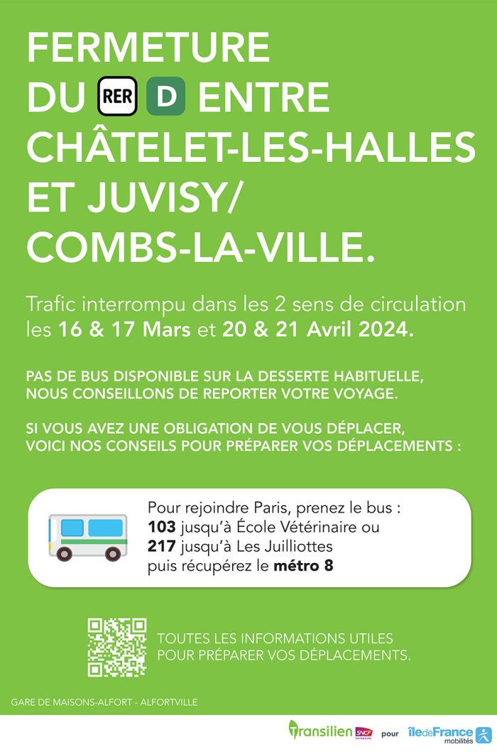 Au départ de Maisons Alfort. Pour rejoindre Paris, prenez le bus 103 jusqu'à École Vétérinaire ou 217 jusqu'à Les Juilliottes puis récupérez le métro 8.