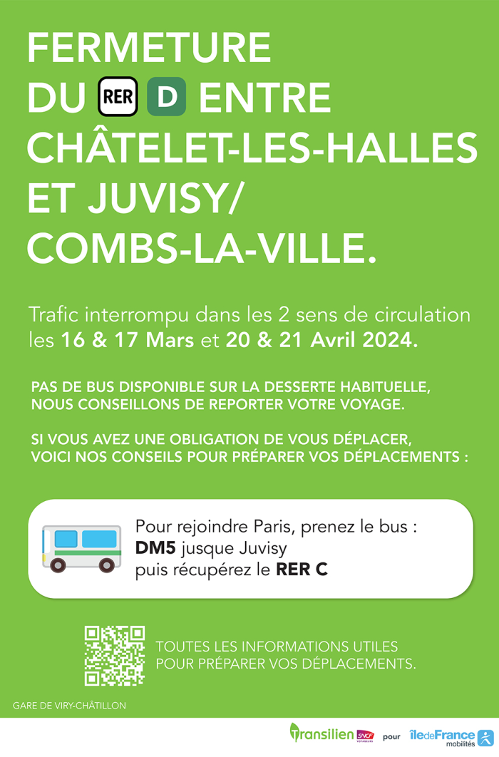 Au départ de Viry Châtillon. Pour rejoindre Paris, prenez le bus DM5 jusqu'à Juvisy puis récupérez le RER C.