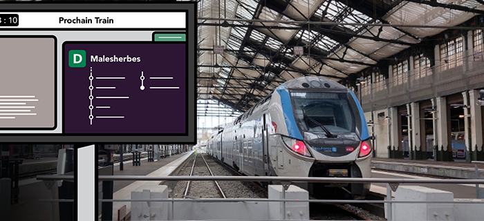 Une photo d'un train à Paris Gare de Lyon Grandes Lignes accompagné d'une illustration d'un panneau d'affichage en gare précisant la mission du train pour Malesherbes (nouvelle mission du Service Annuel 2025 de la ligne D).