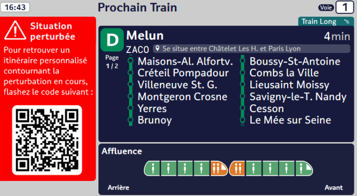 Pour illustrer nos nouveautés en termes d'information en gare : image reprenant l'afficha d'un écran en gare en cas de situation perturbée. Aperçu à gauche de la fonction QR code qui permet de trouver un itinéraire alternatif.