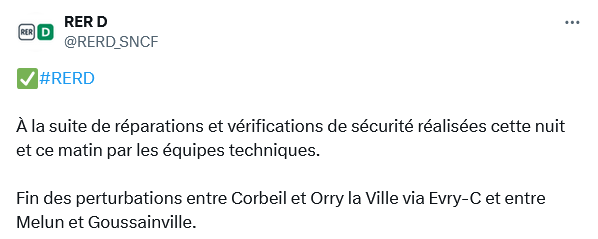 Tweet annonçant la fin de l'incident qui avait débuté le 8 janvier 2025.