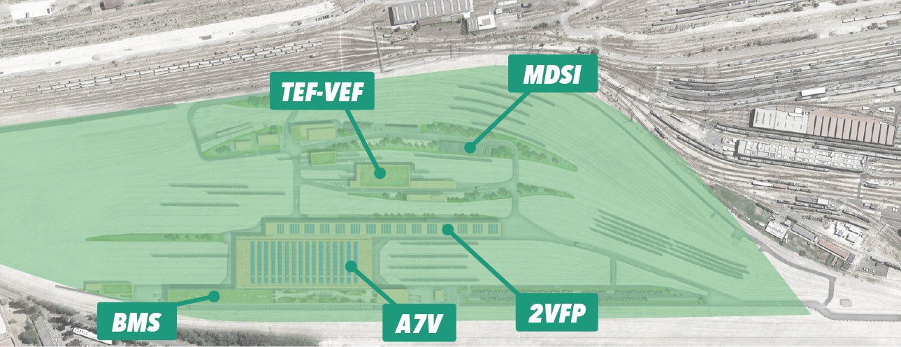 Pour illustrer le sujet 1 an de chantier Villeneuve Demain : un plan du site technicentre de Villeneuve Prairie avec le détail des bâtiments (VEF, TEF-MDSI, BMS, A7V et 2VFP).