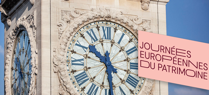 Photo d'une des façades de la Tour de l'Horloge de Paris Gare de Lyon accompagnée d'une illustration où il est écrit "Journées Européennes du Patrimoine" pour illustrer l'édition 2025.