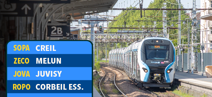 Photo d'un RER NG en gare de Maisons Alfort - Alfortville accompagné d'une illustration représentant des codes missions et des destinations de trains. Photo de Marc Josse.