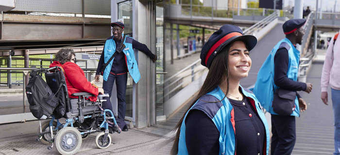 Pour illustrer le sujet des stands accessibilité : une photo d'un agent Transilien SNCF Voyageur prenant en charge une personne en fauteuil roulant, ainsi qu'une autre photo d'une agent en gare.