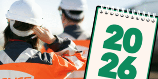 Pour illustrer le billet des 6 premiers mois de travaux de l'année 2026 : une photo d'agents SNCF Réseau photographiés de dos et une illustration d'un calendrier sur lequel il est inscrit "2026".