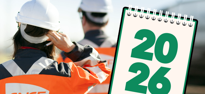 Pour illustrer le billet des 6 premiers mois de travaux de l'année 2026 : une photo d'agents SNCF Réseau photographiés de dos et une illustration d'un calendrier sur lequel il est inscrit "2026".