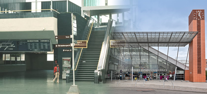 Pour célébrer les 50 ans du Plateau : une photo d'archive de la gare d'Evry Courcouronnes et une photo actuelle de la gare.