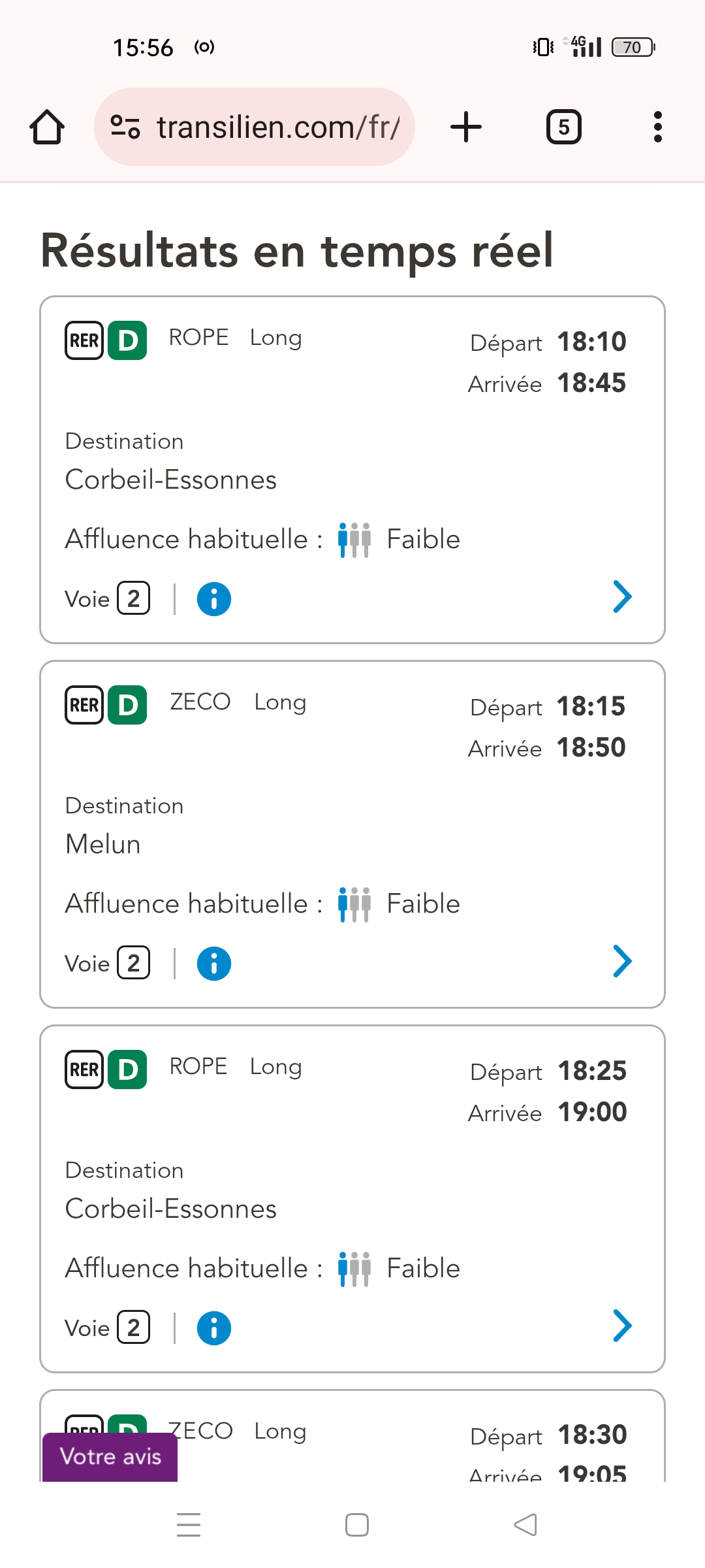 Pour illustrer le sujet du déploiement du RER NG sur la branche branche Melun : une capture d'écran du site Transilien.com qui permet, via la rubrique Prochains départs de voir si son train est assuré avec un RER NG.