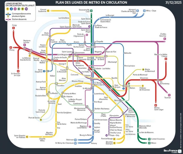 Plan du réseau métro pour la nuit du 31 décembre 2025.
