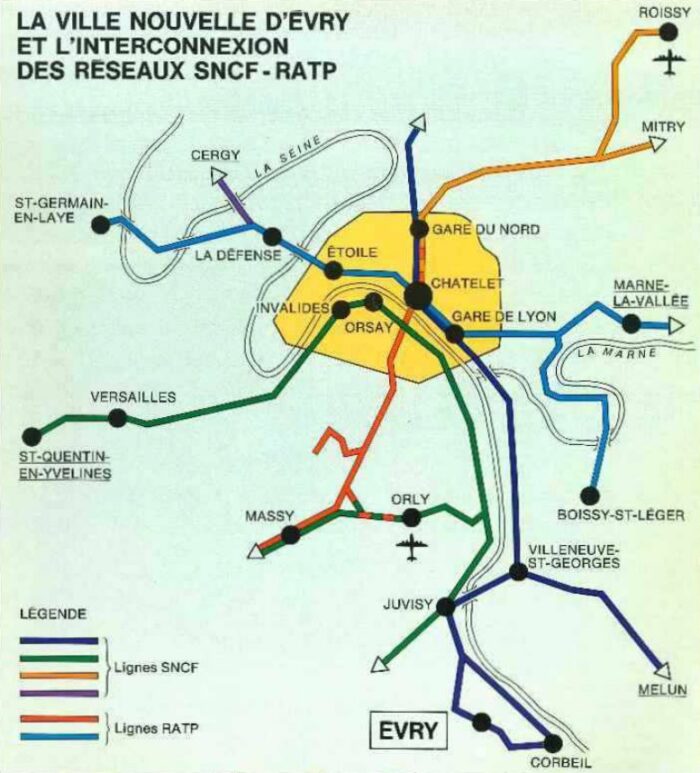 Plan présentant la ville nouvelle d'Évry et l'interconnexion des réseaux SNCF-RATP. Source interne.