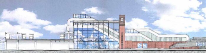 Pour revenir sur les 50 ans du Plateau : schéma de la gare d'Évry Courcouronnes initale avec l'ajout de l'horloge et des matériaux en terre cuite.