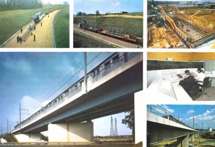 De gauche à droite, de haut en bas :
Pose de la voie à l'aide de la poutre Drouard. 
Train de déroulage du fil de contact de la caténaire.
Charpente de la gare d'Évry Courcouronnes en cours de montage.
Poste d'aiguillage de Corbeil. Pupitre de commande et tableau de contrôle optique.
Viaduc de Corbeil en béton précontraint.
Souterrain de Grigny. Exécution du béton projeté et des ancrages.
Source interne.