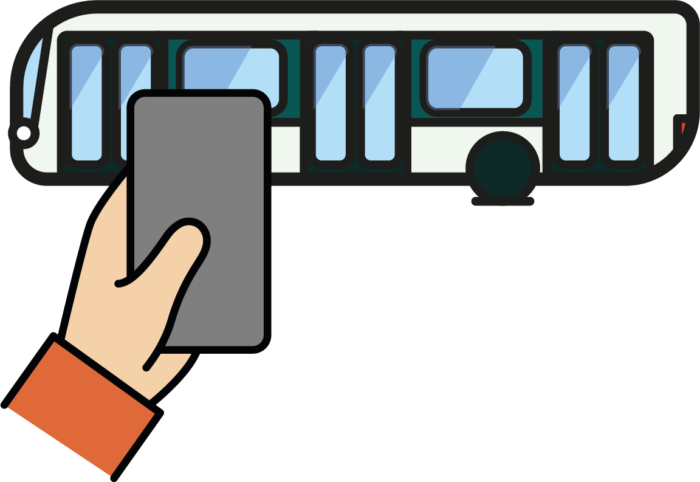 Illustration d'une main tenant un téléphone portable et, en arrière plan, d'un bus.