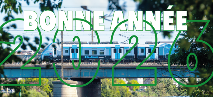 Photo d'un RER NG avec un texte indiquant "Bonne année 2026".