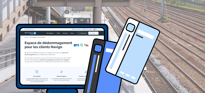 Image en arrière plan représentant un ordinateur et une page Internet représentant la plateforme Île-de-France Mobilités de la campagne de remboursement. À l'avant, une image représentant des Passes Navigo.