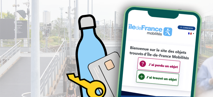 Pour représenter le sujet des objets perdus : une illustration d'un téléphone portable où l'on voit la plateforme d'objets trouvés d'Île-de-France Mobilités.