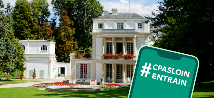 Pour illustrer les sorties accessibles avec le RER D : une photo de la propriété Caillebotte en arrière plan. Au premier plan, une illustration d'un téléphone mobile sur lequel il est écrit #CPASLOINENTRAIN.