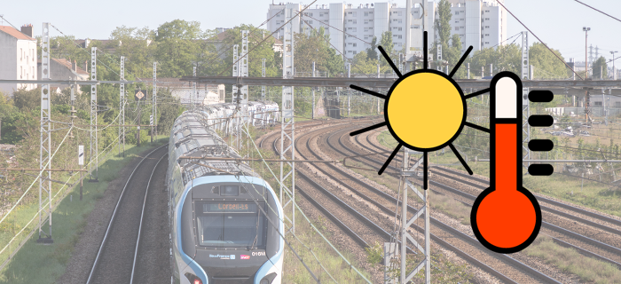 Une photo représentant un train du RER D, accompagné d'une illustration d'un soleil et d'un thermomètre.