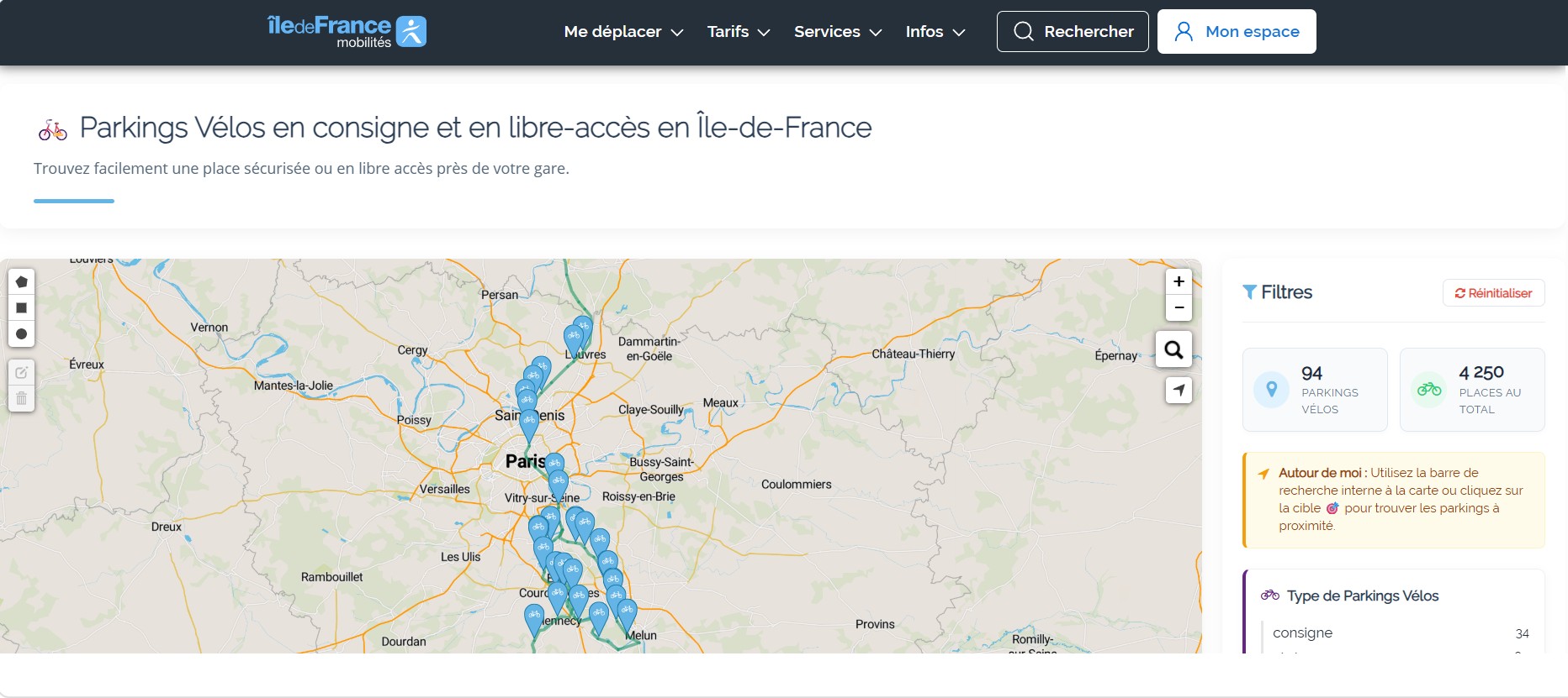 Capture d'écran de la page de la carte des parkings vélos sur le site d’Île-de-France Mobilités.