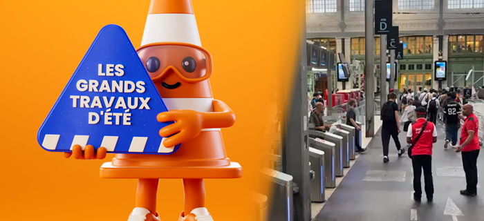 Pour illustrer le sujet des grands travaux d'été 2026 : un personnage sous forme de plot qui tient un panneau triangulaire sur lequel il est écrit "Les grands travaux d'été" accompagné d'une photo du dispositif à Paris Gare de Lyon.
