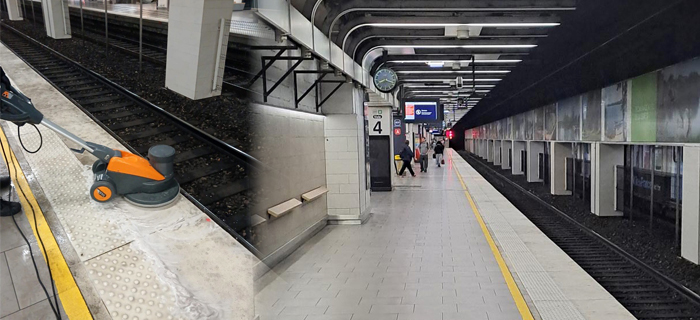 2 photos illustrant le nettoyage réalisé en gare souterraine de Paris Gare de Lyon